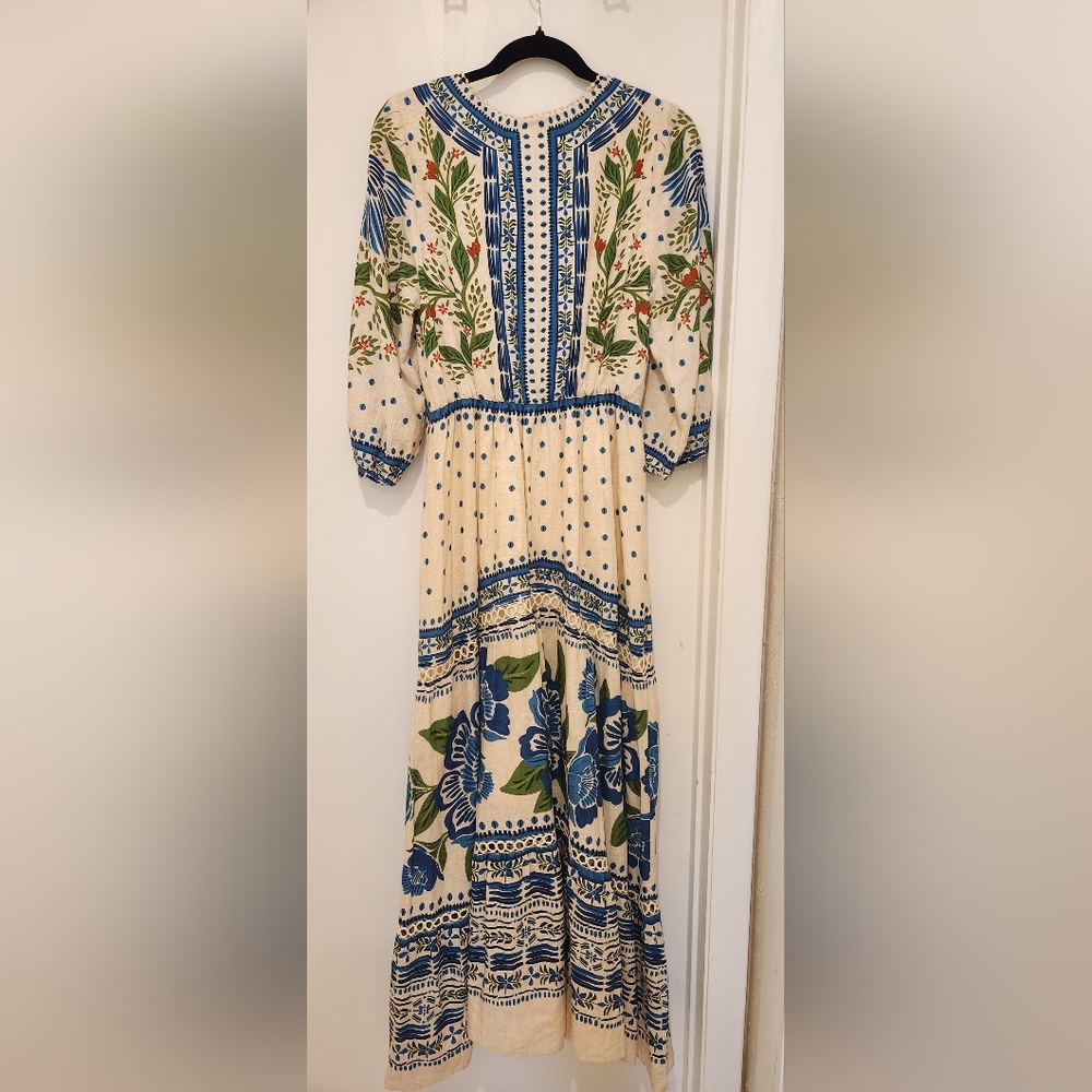 FARM Rio Blue and White Resort Maxi Dress with V-neck Bishop Sleeves - Picture 3 of 16